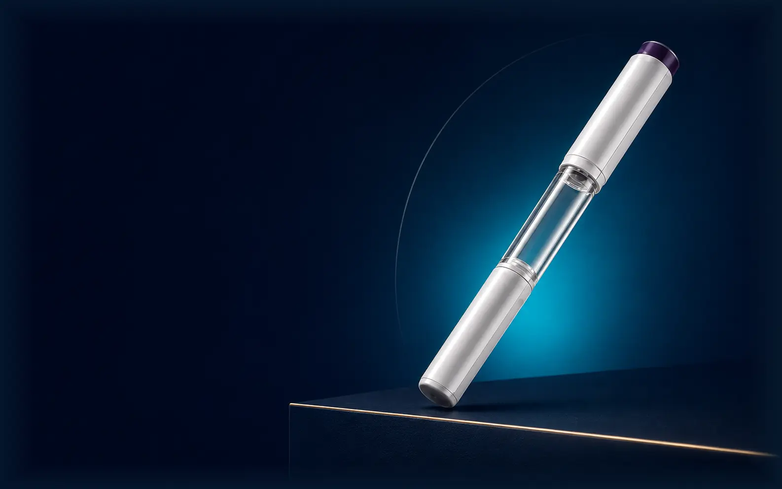 Unbranded white tirzepatide cartridge-based pen with a purple cap and transparent chamber