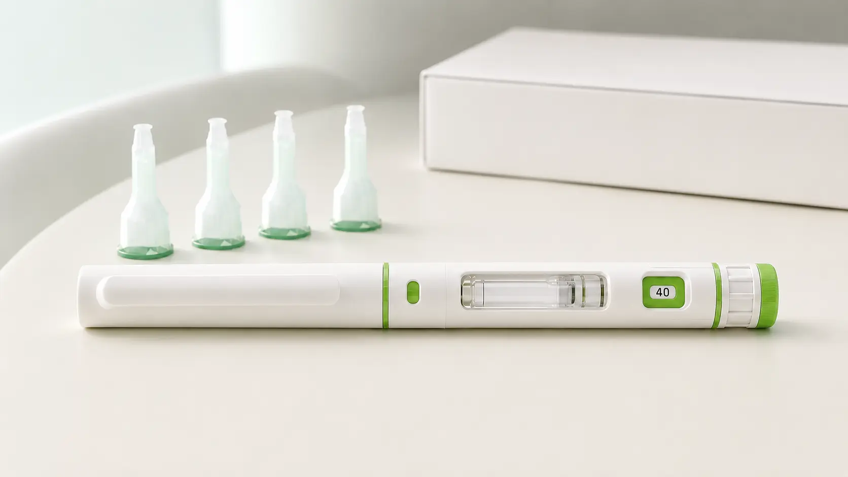 Green and white cartridge-based injection pen with transparent cartridge window and compatible needle caps